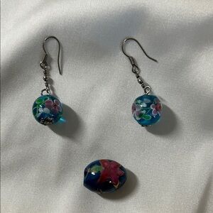 Vintage Floral Glass Bead Earrings and Pendant Set